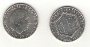 Франция, 1 франк 1988 год, Шарль де Голь, 30 лет Пятой Республике ― Антикварно-нумизматический центр "Пава" | интернет-магазин