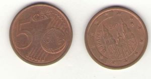 Испания,5 евро центов 2003 (2004, 2007, 2008) г. ― Антикварно-нумизматический центр "Пава" | интернет-магазин